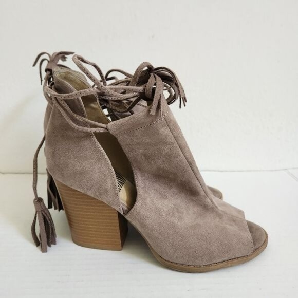 QUPID Stacked Heel Peep Toe Ankle Tie Booties Shoe Sandal 7.5 - Picture 4 of 10